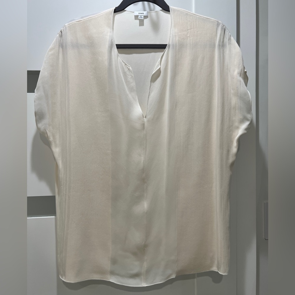 Vince Sheer Silk Faux-Pintuck Blouse V-Neck Short Flutter Sleeve Cream Medium